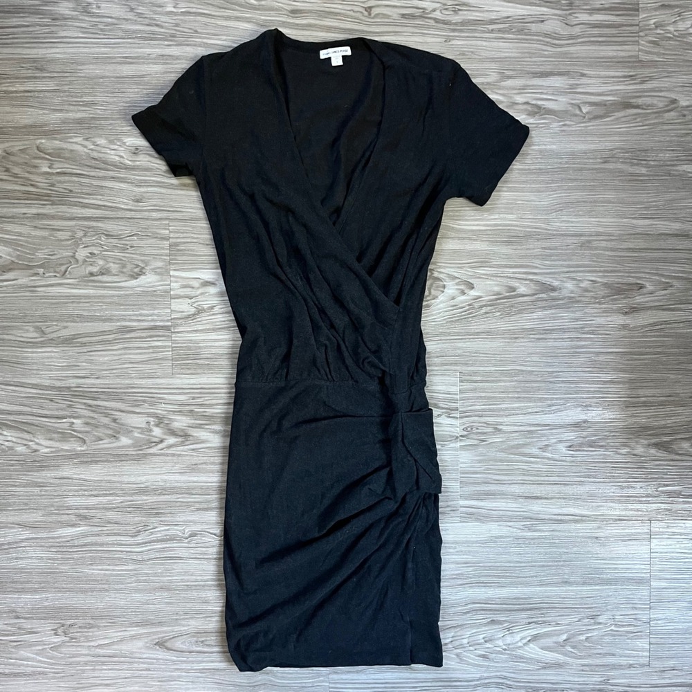 Standard James Perse Black Short Sleeve Ruched Wrap Mini Dress Size 1 USA Made